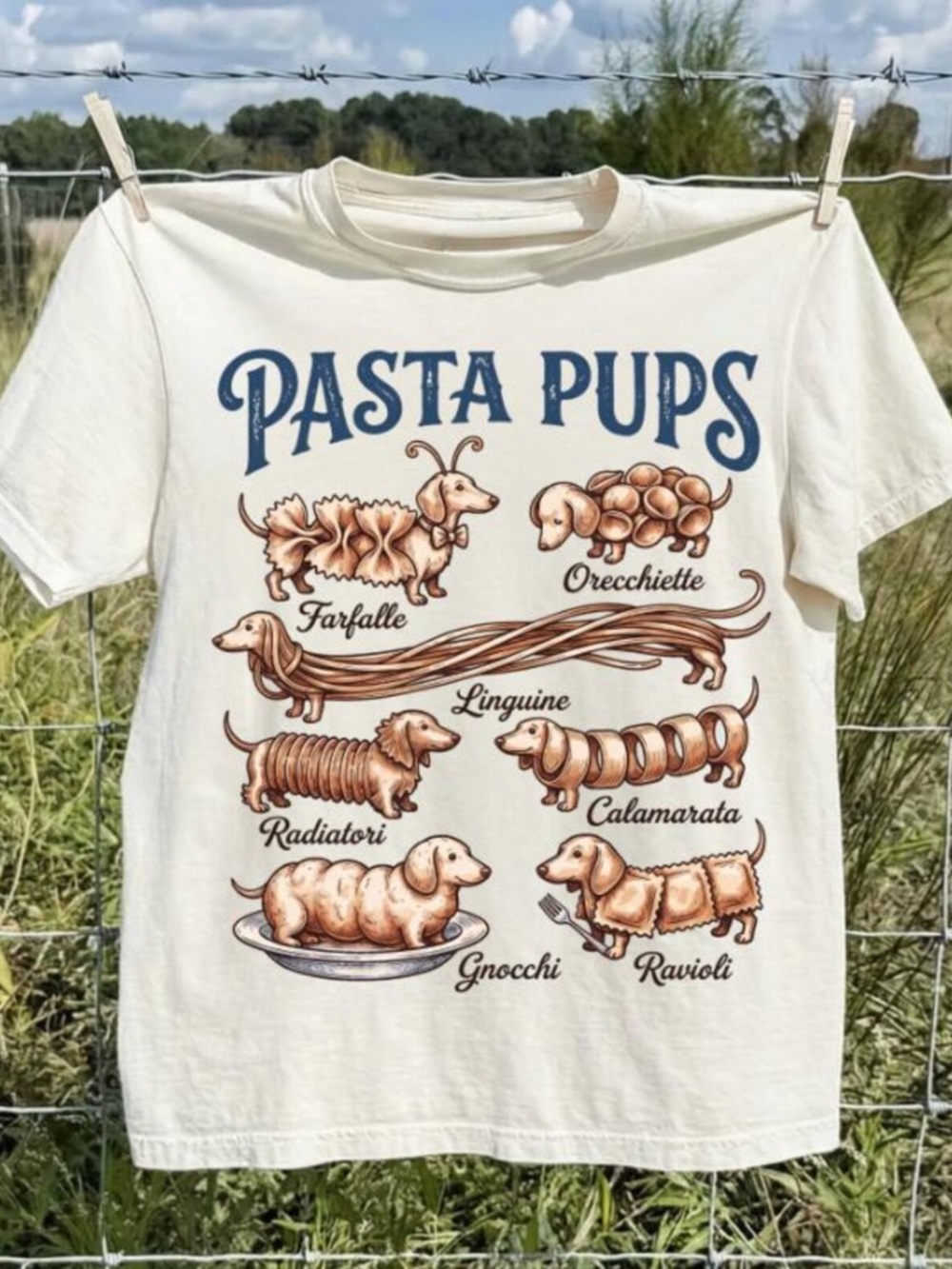 Off White "Pasta Pups" Graphic Tee with Brown & Navy Print